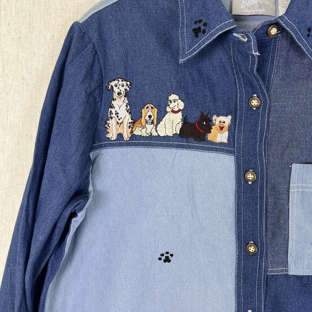 VTG Blair Embroidered Denim L/S Shirt Dog Lover Patchwork Women's Medium Y2K - Picture 3 of 9